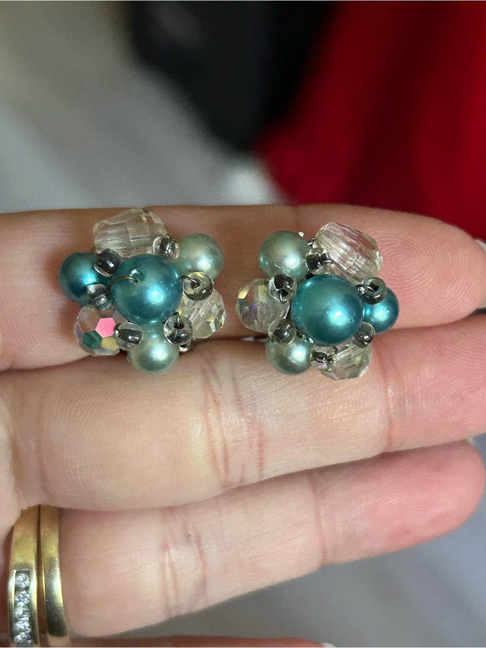4/$50 Cluster Teal Pearl & Crystal clip ons Earrings - Unbranded